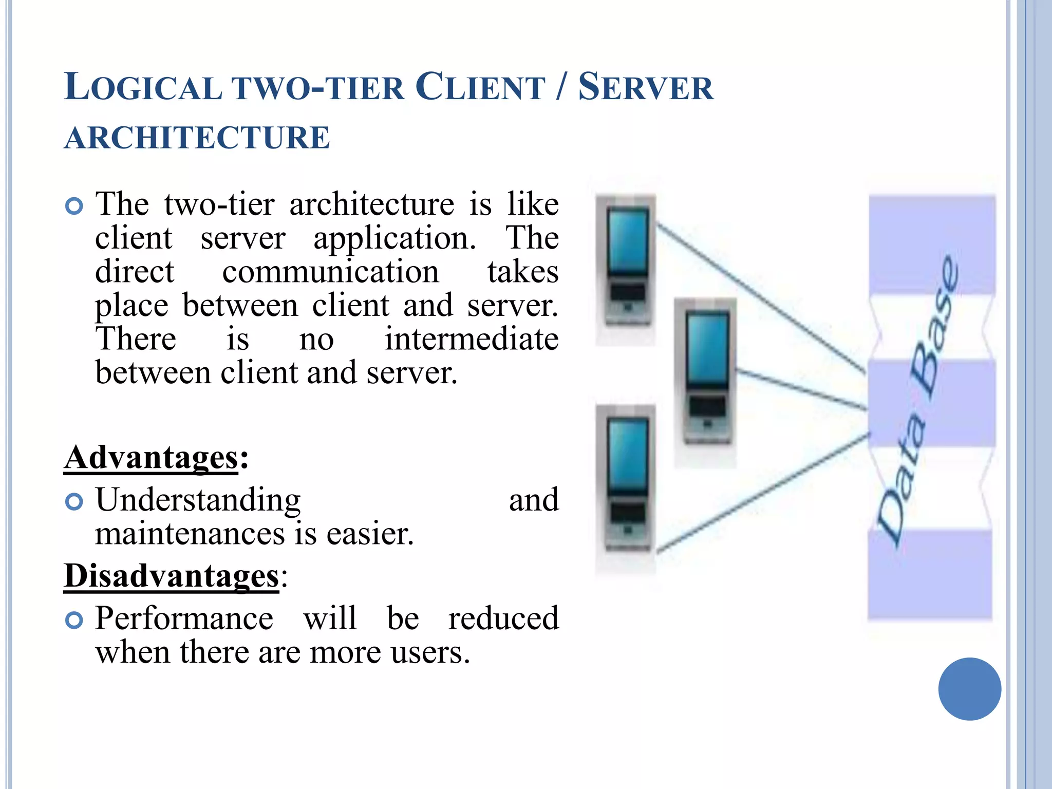 LOGICAL TWO-TIER CLIENT / SERVER 
ARCHITECTURE 
 The two-tier architecture is like 
client server application. The 
direct communication takes 
place between client and server. 
There is no intermediate 
between client and server. 
Advantages: 
 Understanding and 
maintenances is easier. 
Disadvantages: 
 Performance will be reduced 
when there are more users. 
 