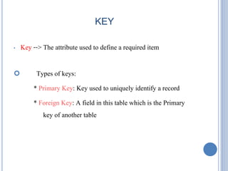 KEY 
• Key --> The attribute used to define a required item 
 Types of keys: 
* Primary Key: Key used to uniquely identify a record 
* Foreign Key: A field in this table which is the Primary 
key of another table 
 