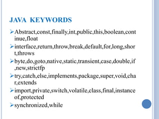 JAVA KEYWORDS 
Abstract,const,finally,int,public,this,boolean,cont 
inue,float 
interface,return,throw,break,default,for,long,shor 
t,throws 
byte,do,goto,native,static,transient,case,double,if 
,new,strictfp 
try,catch,else,implements,package,super,void,cha 
r,extends 
import,private,switch,volatile,class,final,instance 
of,protected 
synchronized,while 
 
