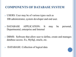 COMPONENTS OF DATABASE SYSTEM 
 USERS: User may be of various types such as 
DB administrator, system developer and end user. 
 DATABASE APPLICATION: It may be personal, 
Departmental, enterprise and Internal 
 DBMS: Software that allow user to define, create and manages 
database access. Ex, MySql, oracle, etc. 
 DATABASE: Collection of logical data 
 