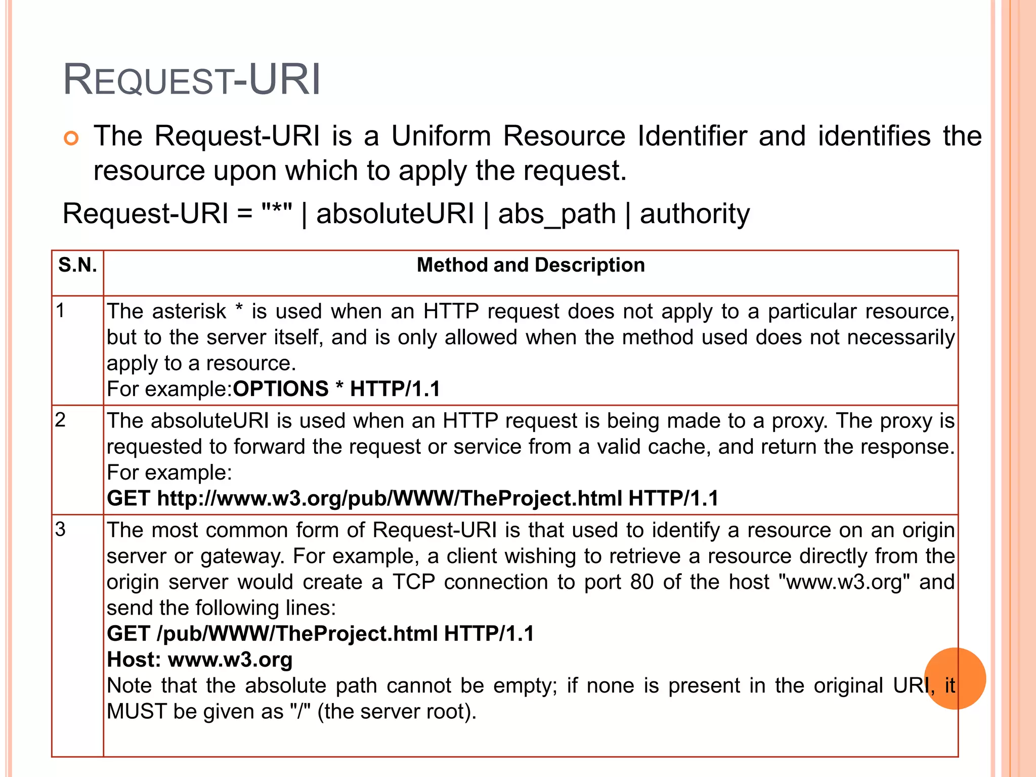 REQUEST-URI
 The Request-URI is a Uniform Resource Identifier and identifies the
resource upon which to apply the request.
Request-URI = "*" | absoluteURI | abs_path | authority
S.N. Method and Description
1 The asterisk * is used when an HTTP request does not apply to a particular resource,
but to the server itself, and is only allowed when the method used does not necessarily
apply to a resource.
For example:OPTIONS * HTTP/1.1
2 The absoluteURI is used when an HTTP request is being made to a proxy. The proxy is
requested to forward the request or service from a valid cache, and return the response.
For example:
GET http://www.w3.org/pub/WWW/TheProject.html HTTP/1.1
3 The most common form of Request-URI is that used to identify a resource on an origin
server or gateway. For example, a client wishing to retrieve a resource directly from the
origin server would create a TCP connection to port 80 of the host "www.w3.org" and
send the following lines:
GET /pub/WWW/TheProject.html HTTP/1.1
Host: www.w3.org
Note that the absolute path cannot be empty; if none is present in the original URI, it
MUST be given as "/" (the server root).
 