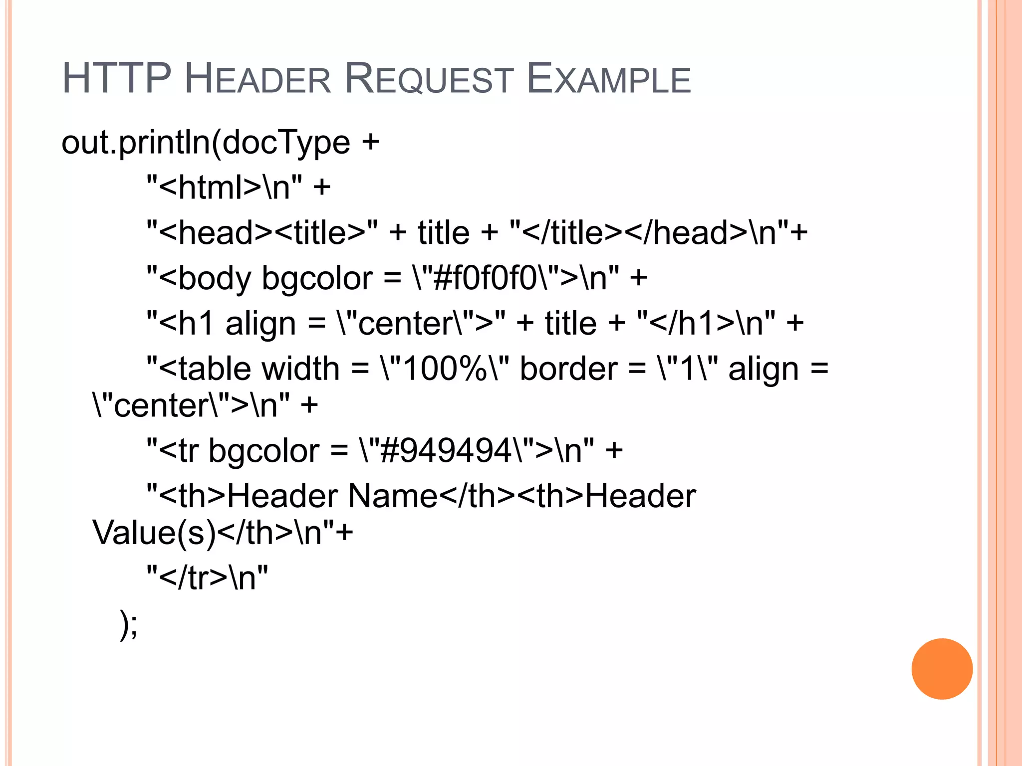 HTTP HEADER REQUEST EXAMPLE
out.println(docType +
"<html>n" +
"<head><title>" + title + "</title></head>n"+
"<body bgcolor = "#f0f0f0">n" +
"<h1 align = "center">" + title + "</h1>n" +
"<table width = "100%" border = "1" align =
"center">n" +
"<tr bgcolor = "#949494">n" +
"<th>Header Name</th><th>Header
Value(s)</th>n"+
"</tr>n"
);
 