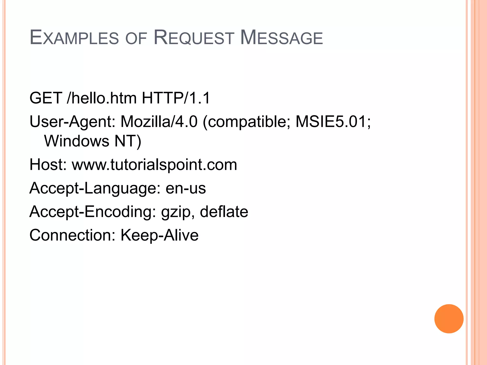 EXAMPLES OF REQUEST MESSAGE
GET /hello.htm HTTP/1.1
User-Agent: Mozilla/4.0 (compatible; MSIE5.01;
Windows NT)
Host: www.tutorialspoint.com
Accept-Language: en-us
Accept-Encoding: gzip, deflate
Connection: Keep-Alive
 