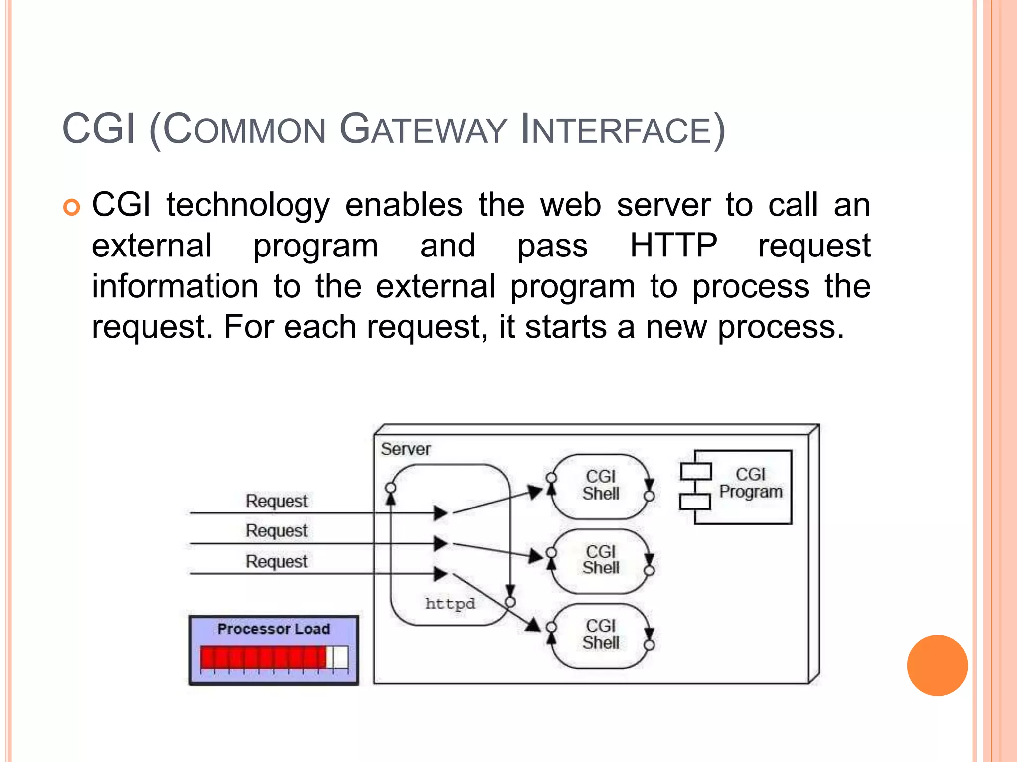 CGI (COMMON GATEWAY INTERFACE)
 CGI technology enables the web server to call an
external program and pass HTTP request
information to the external program to process the
request. For each request, it starts a new process.
 