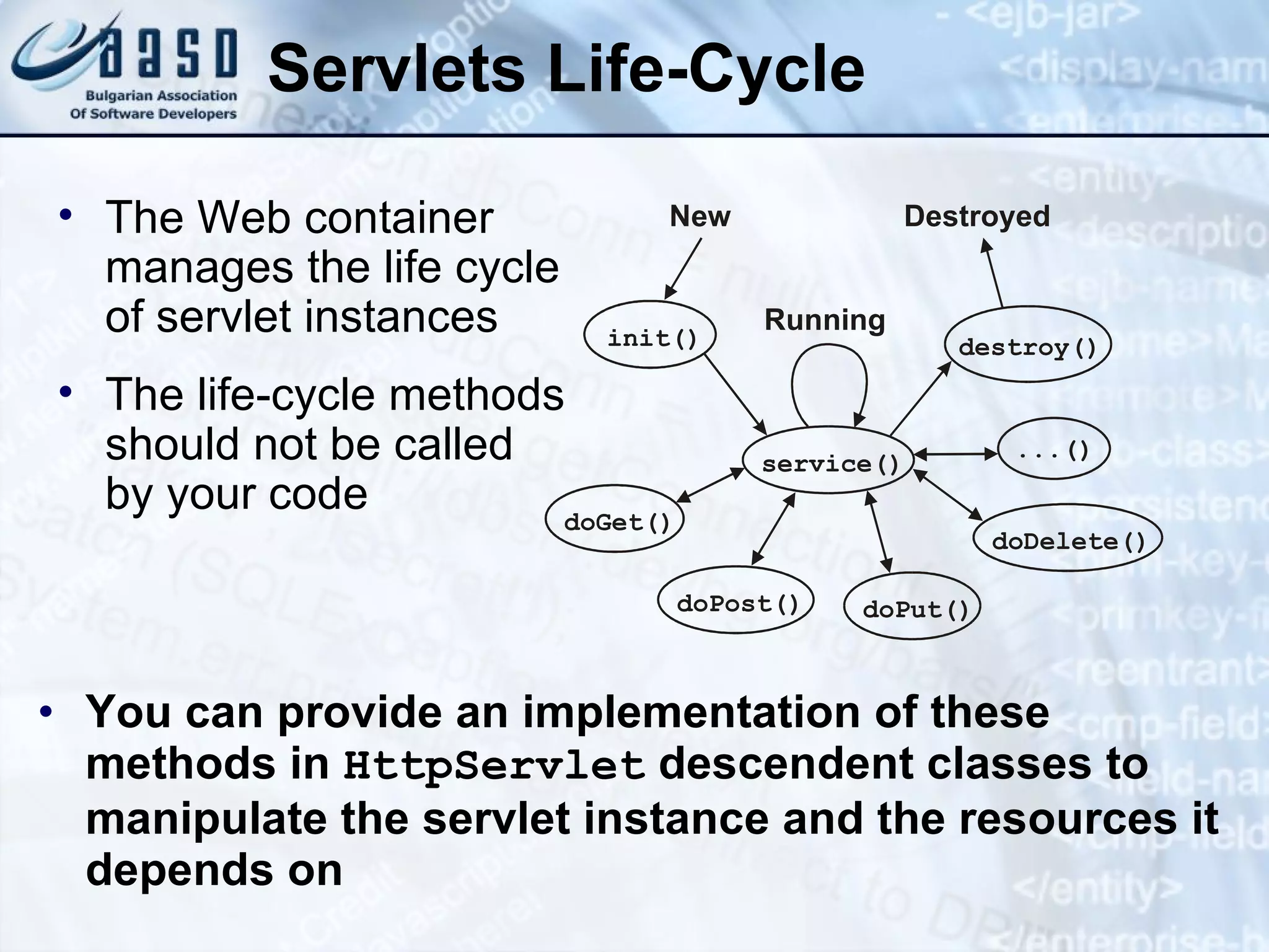 Servlets Life-Cycle
• You can provide an implementation of these
methods in HttpServlet descendent classes to
manipulate the servlet instance and the resources it
depends on
• The Web container
manages the life cycle
of servlet instances
• The life-cycle methods
should not be called
by your code
init()
...()
service()
doGet()
doPost()
doDelete()
destroy()
doPut()
New Destroyed
Running
 