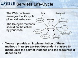 Servlets Life-Cycle
• You can provide an implementation of these
methods in HttpServlet descendent classes to
manipulate the servlet instance and the resources it
depends on
• The Web container
manages the life cycle
of servlet instances
• The life-cycle methods
should not be called
by your code
init()
...()
service()
doGet()
doPost()
doDelete()
destroy()
doPut()
New Destroyed
Running
 