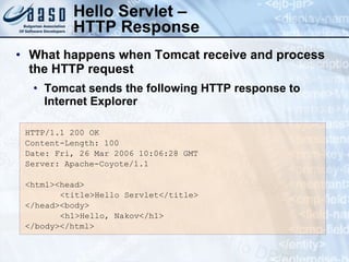Hello Servlet –
HTTP Response
HTTP/1.1 200 OK
Content-Length: 100
Date: Fri, 26 Mar 2006 10:06:28 GMT
Server: Apache-Coyote/1.1
<html><head>
<title>Hello Servlet</title>
</head><body>
<h1>Hello, Nakov</h1>
</body></html>
• What happens when Tomcat receive and process
the HTTP request
• Tomcat sends the following HTTP response to
Internet Explorer
 