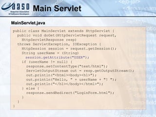 Main Servlet
public class MainServlet extends HttpServlet {
public void doGet(HttpServletRequest request,
HttpServletResponse resp)
throws ServletException, IOException {
HttpSession session = request.getSession();
String userName = (String)
session.getAttribute("USER");
if (userName != null) {
response.setContentType("text/html");
ServletOutputStream out = resp.getOutputStream();
out.println("<html><body><h1>");
out.println("Hello, " + userName + "! ");
out.println("</h1></body></html>");
} else {
response.sendRedirect("LoginForm.html");
}
}
}
MainServlet.java
MainServlet.java
 