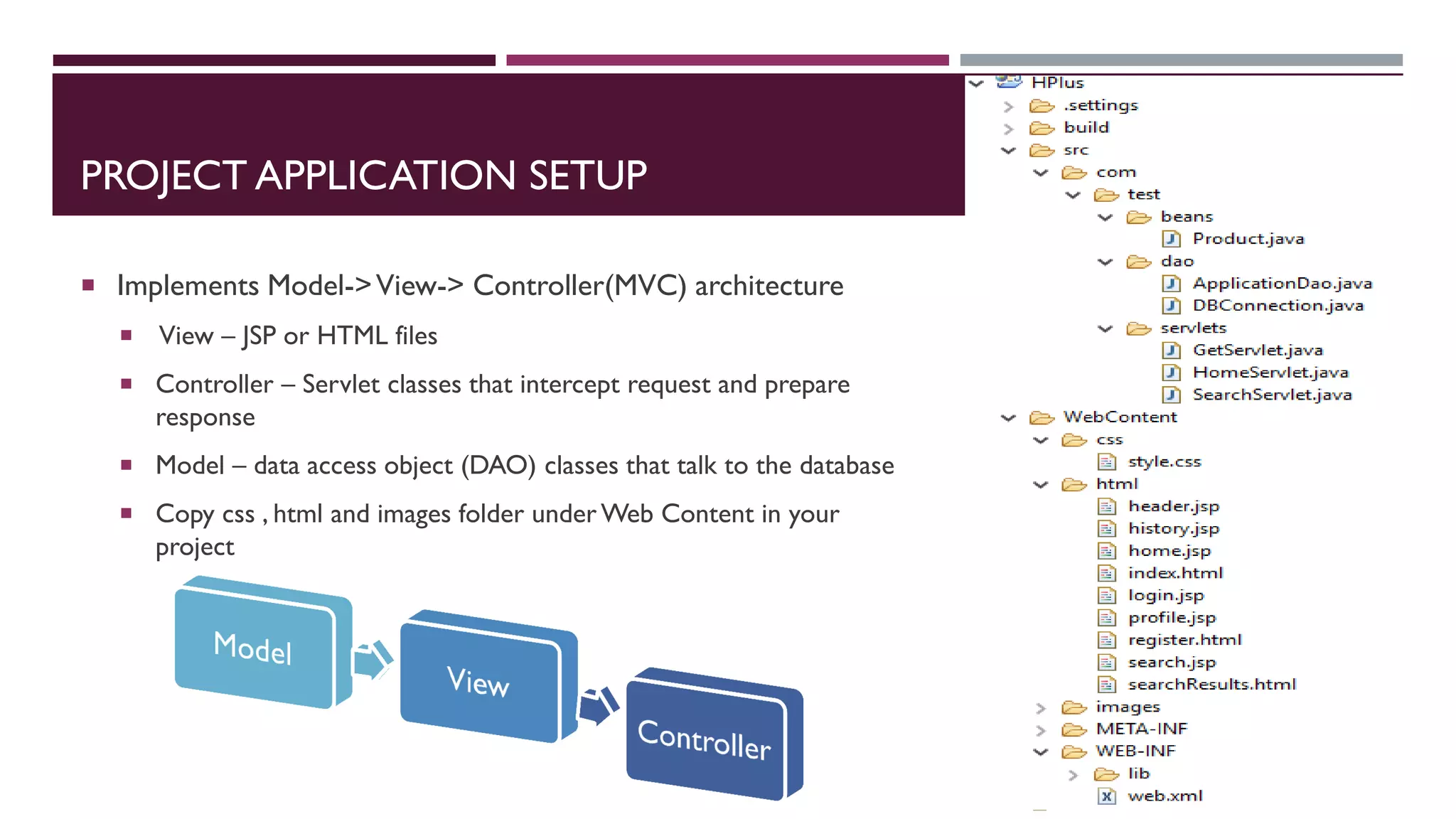 PROJECT APPLICATION SETUP
 Implements Model->View-> Controller(MVC) architecture
 View – JSP or HTML files
 Controller – Servlet classes that intercept request and prepare
response
 Model – data access object (DAO) classes that talk to the database
 Copy css , html and images folder under Web Content in your
project
 