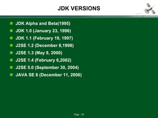 Page 25
JDK VERSIONS
 JDK Alpha and Beta(1995)
 JDK 1.0 (January 23, 1996)
 JDK 1.1 (February 19, 1997)
 J2SE 1.2 (December 8,1998)
 J2SE 1.3 (May 8, 2000)
 J2SE 1.4 (February 6,2002)
 J2SE 5.0 (September 30, 2004)
 JAVA SE 6 (December 11, 2006)
 