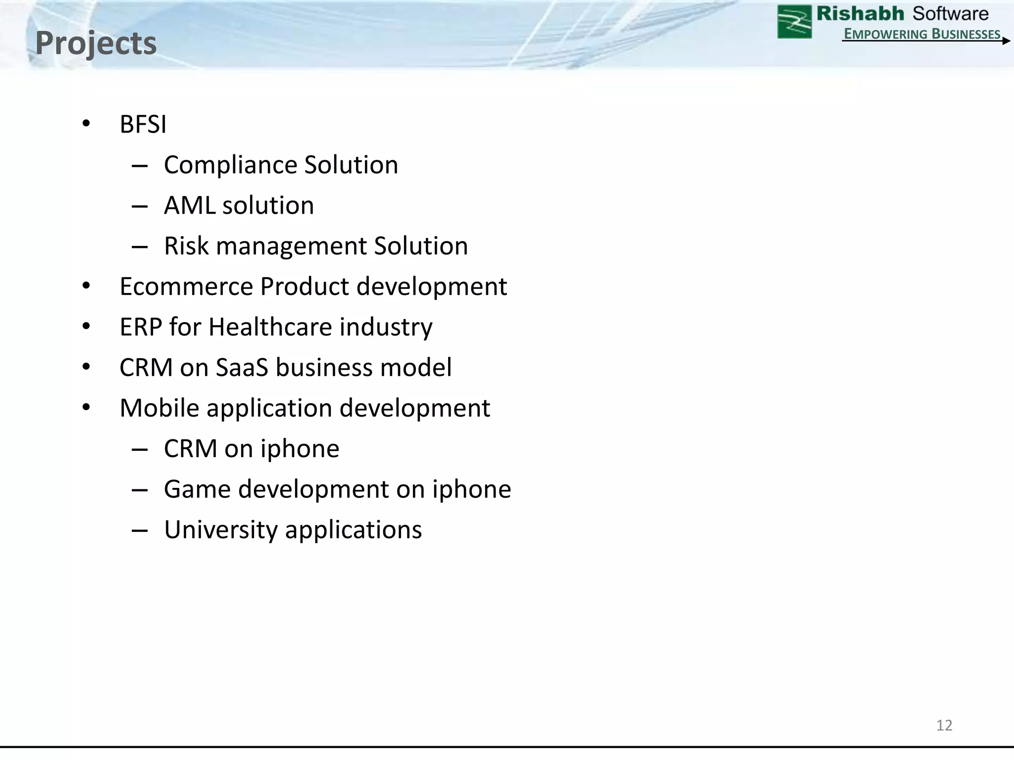 ProjectsEmpowering BusinessesBFSICompliance SolutionAML solutionRisk management Solution Ecommerce Product developmentERP for Healthcare industryCRM on SaaS business modelMobile application developmentCRM on iphoneGame development on iphoneUniversity applications12