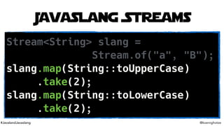 #JavalandJavaslang @koenighotze
Javaslang Streams
Stream<String> slang =
Stream.of("a", "B");
slang.map(String::toUpperCas...