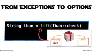 #JavalandJavaslang @koenighotze
From Exceptions to options
String iban = lift(Iban::check)
.apply("AL47...")
.getOrElse(""...