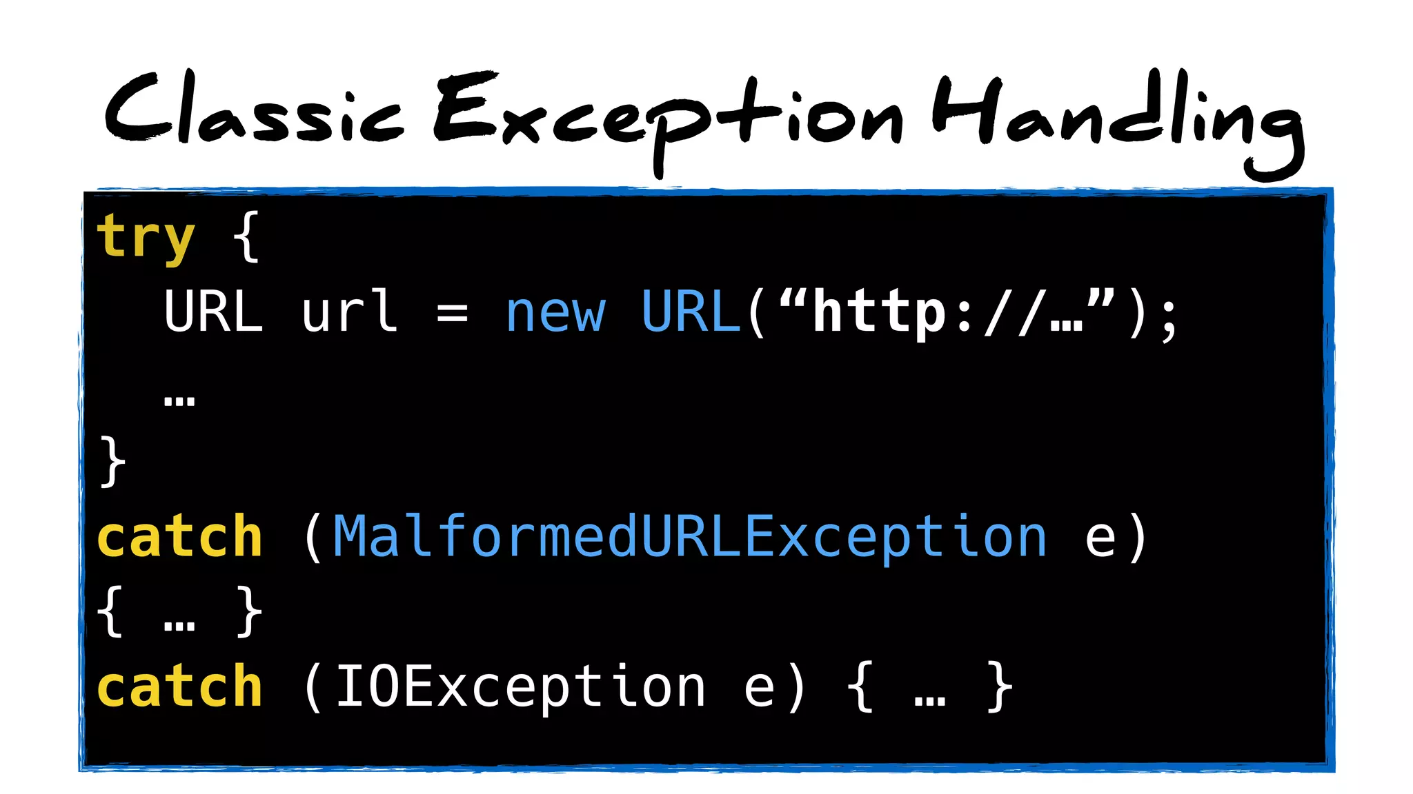 Classic Exception Handling
try { 
URL url = new URL(“http://…”);
… 
}
catch (MalformedURLException e)
{ … }
catch (IOException e) { … }
 
