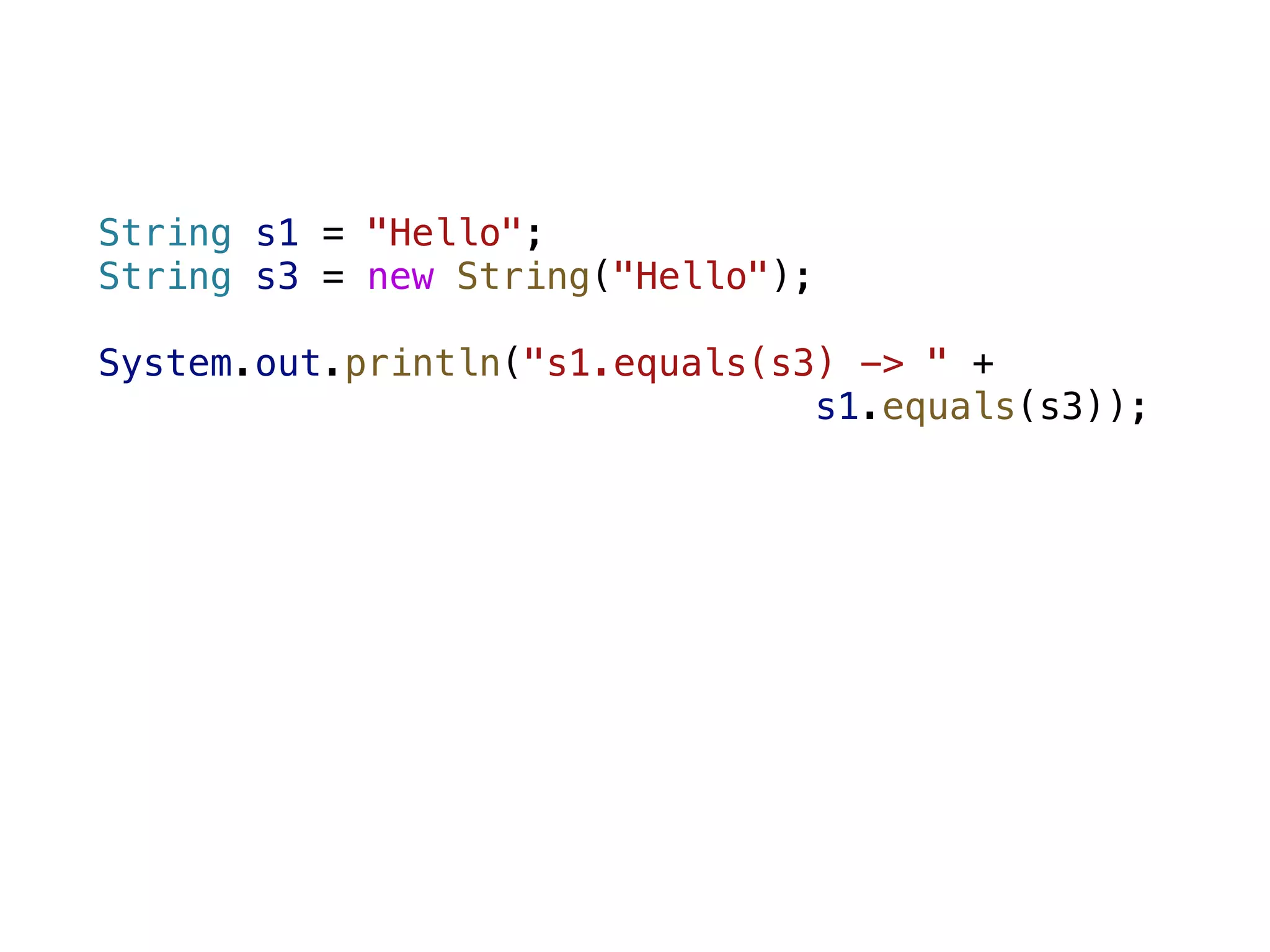 String s1 = "Hello"; String s3 = new String("Hello"); System.out.println("s1.equals(s3) -> " + s1.equals(s3)); 