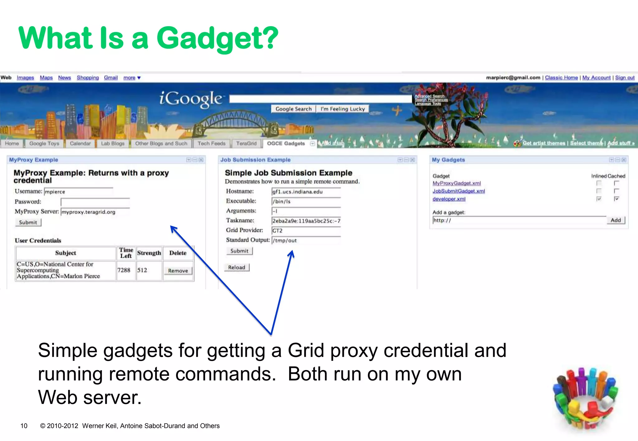What Is a Gadget?




     Simple gadgets for getting a Grid proxy credential and
     running remote commands. Both run on my own
     Web server.
10   © 2010-2012 Werner Keil, Antoine Sabot-Durand and Others
 