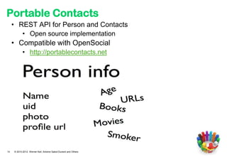 Portable Contacts
     • REST API for Person and Contacts
        • Open source implementation
     • Compatible with OpenSocial
        • http://portablecontacts.net




14   © 2010-2012 Werner Keil, Antoine Sabot-Durand and Others
 