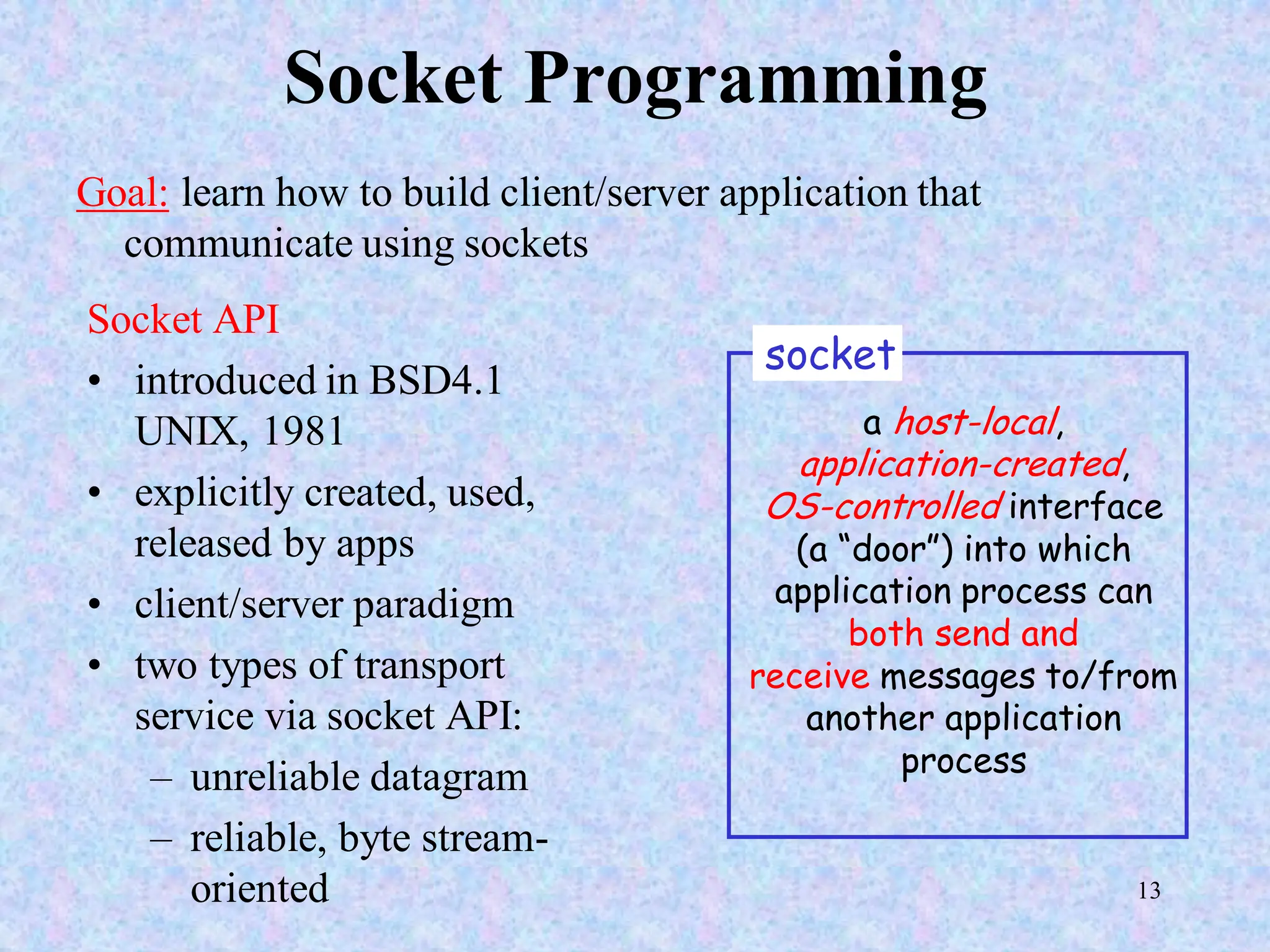 13
Socket Programming
Socket API
• introduced in BSD4.1
UNIX, 1981
• explicitly created, used,
released by apps
• client/server paradigm
• two types of transport
service via socket API:
– unreliable datagram
– reliable, byte stream-
oriented
Goal: learn how to build client/server application that
communicate using sockets
a host-local,
application-created,
OS-controlled interface
(a “door”) into which
application process can
both send and
receive messages to/from
another application
process
socket
 
