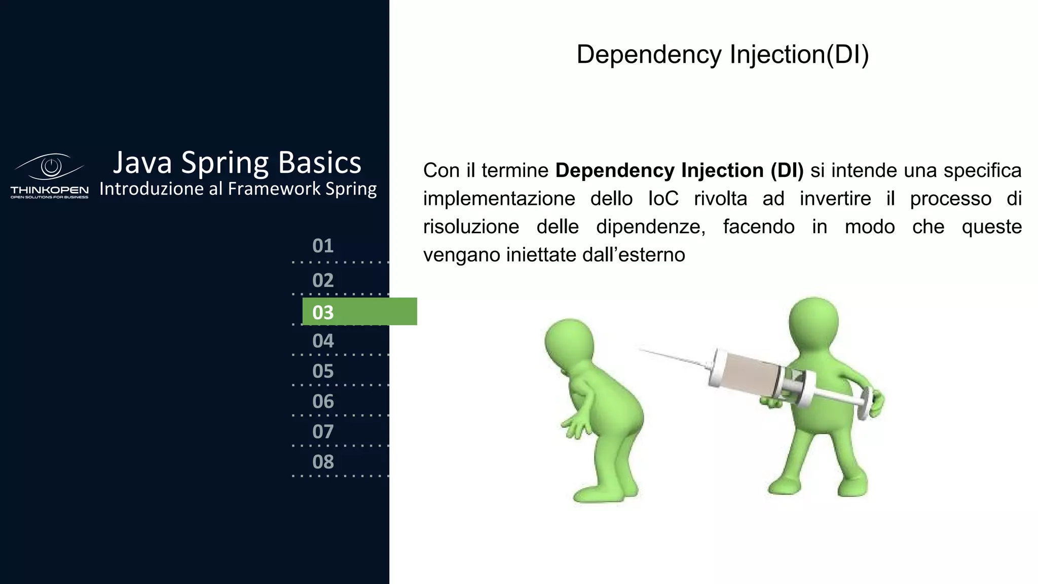 03
04
05
06
07
08
02
01
Java Spring Basics
Introduzione al Framework Spring
02
03
Dependency Injection(DI)
Con il termine Dependency Injection (DI) si intende una specifica
implementazione dello IoC rivolta ad invertire il processo di
risoluzione delle dipendenze, facendo in modo che queste
vengano iniettate dall’esterno
 
