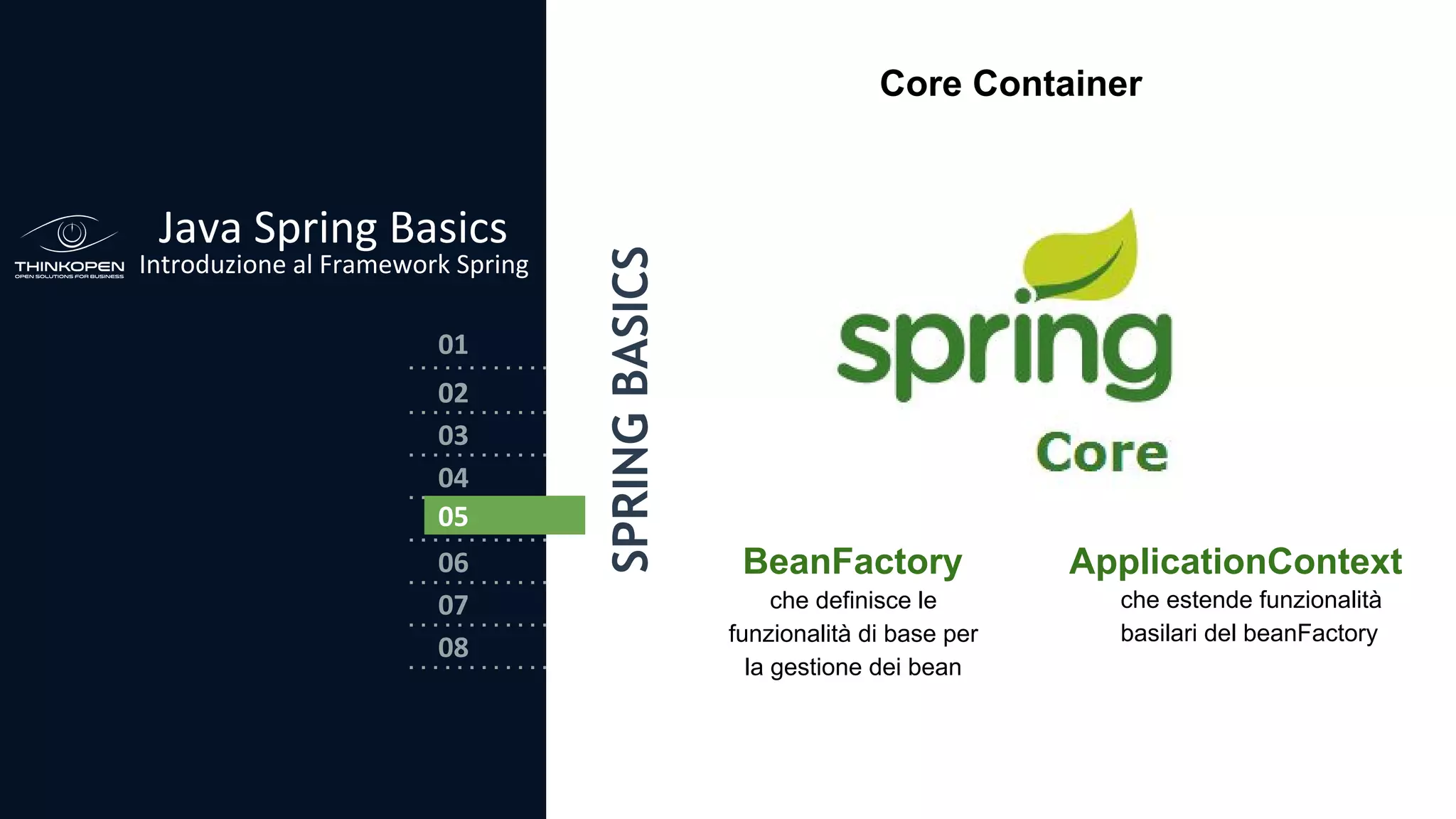 03
04
05
06
07
08
02
01
Java Spring Basics
Introduzione al Framework Spring
SPRINGBASICS
02
05
Core Container
BeanFactory ApplicationContext
che definisce le
funzionalità di base per
la gestione dei bean
che estende funzionalità
basilari del beanFactory
 