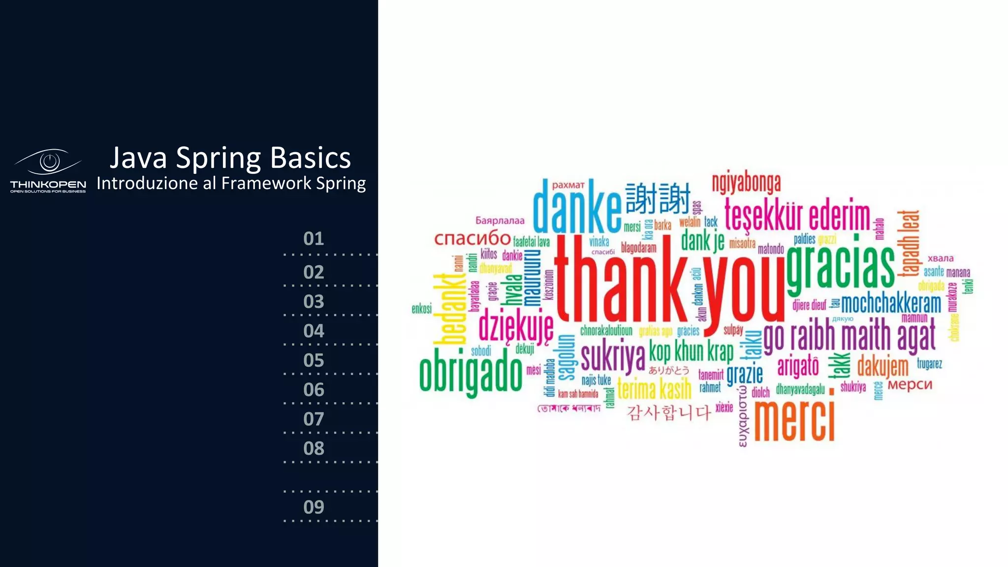 03
04
05
06
07
08
02
01
Java Spring Basics
Introduzione al Framework Spring
09
 