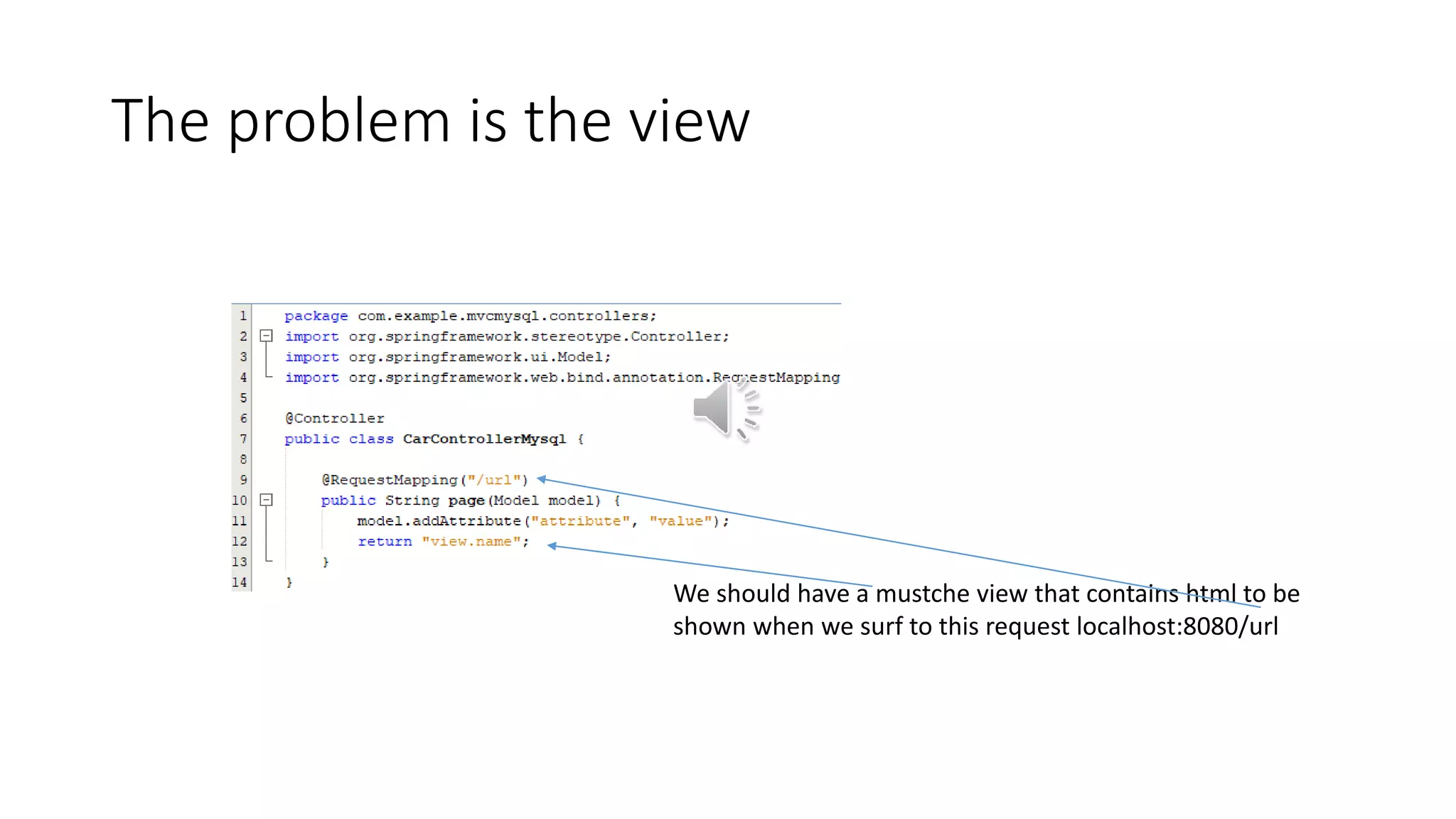 The problem is the view
We should have a mustche view that contains html to be
shown when we surf to this request localhost:8080/url
 