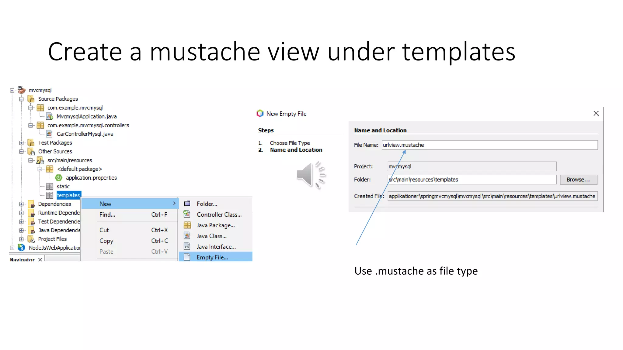 Create a mustache view under templates
Use .mustache as file type
 
