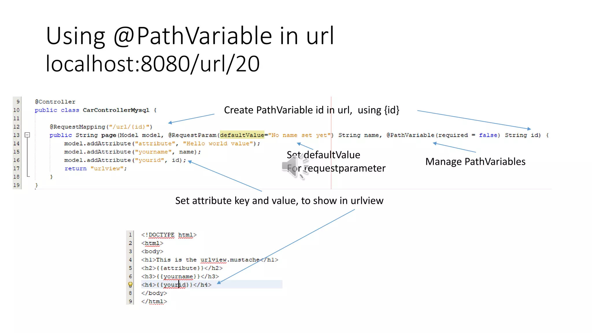Using @PathVariable in url
localhost:8080/url/20
Set attribute key and value, to show in urlview
Manage PathVariables
Set defaultValue
For requestparameter
Create PathVariable id in url, using {id}
 