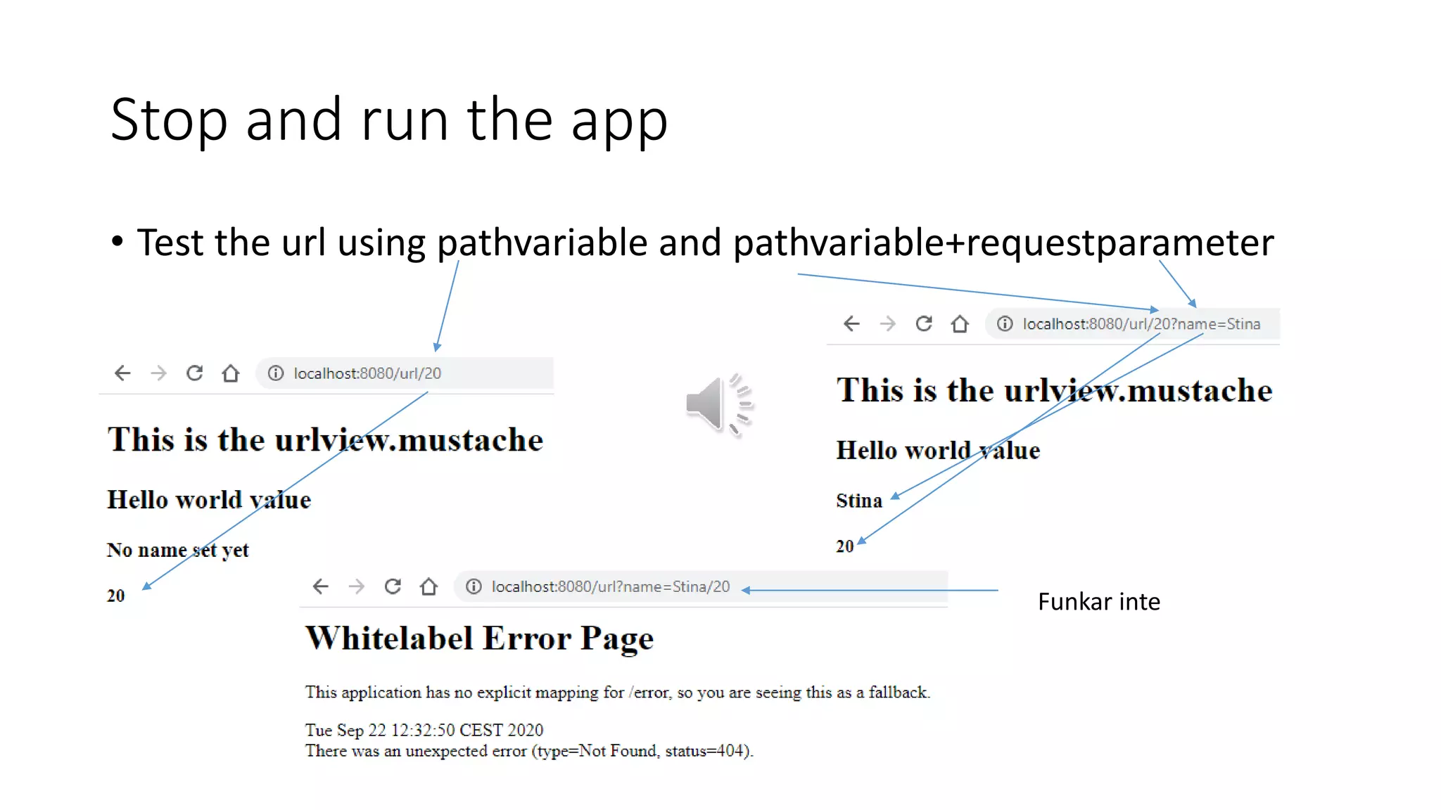 Stop and run the app
• Test the url using pathvariable and pathvariable+requestparameter
Funkar inte
 
