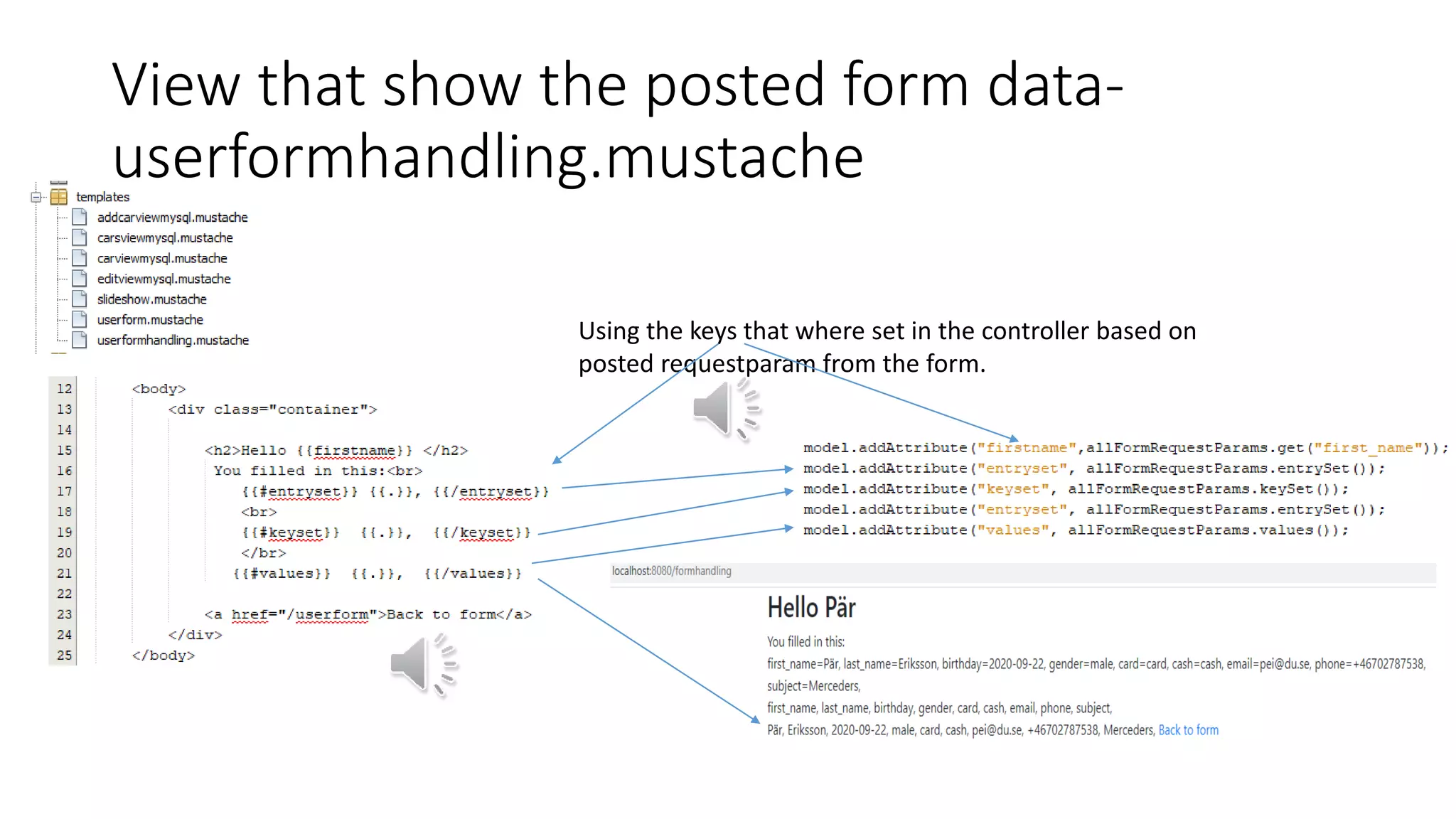 View that show the posted form data-
userformhandling.mustache
Using the keys that where set in the controller based on
posted requestparam from the form.
 