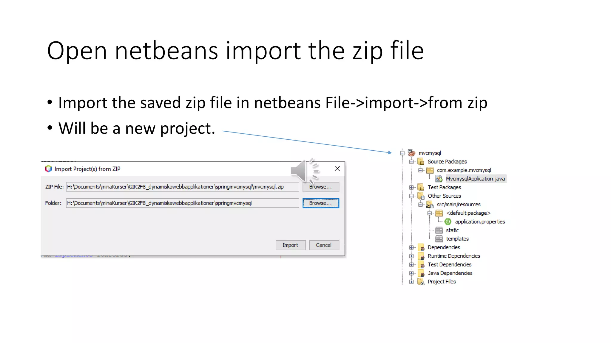 Open netbeans import the zip file
• Import the saved zip file in netbeans File->import->from zip
• Will be a new project.
 