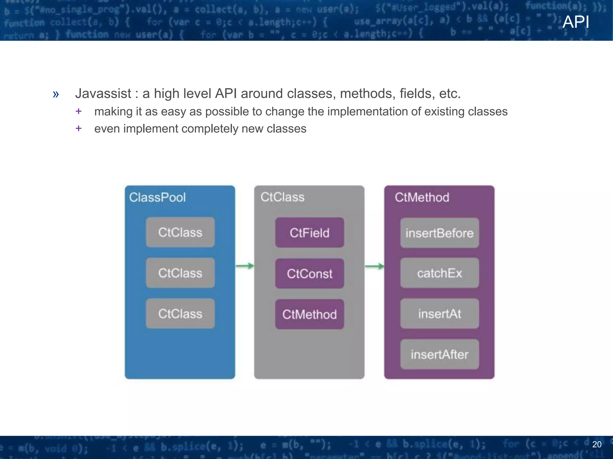 20
» Javassist : a high level API around classes, methods, fields, etc.
+ making it as easy as possible to change the implementation of existing classes
+ even implement completely new classes
API
 