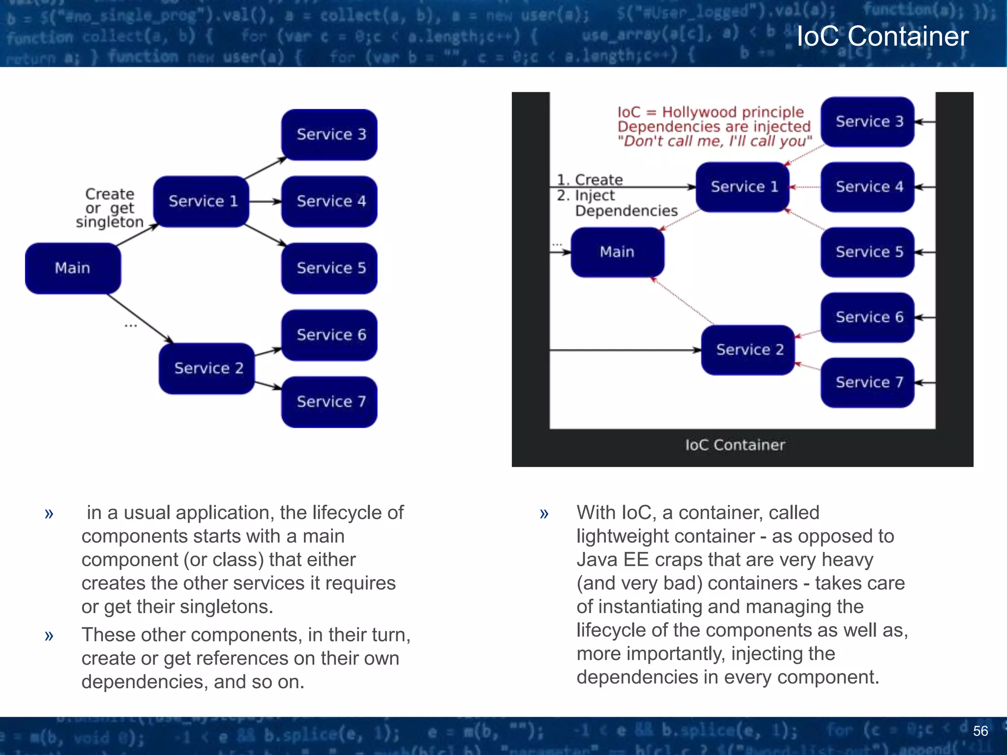 56
IoC Container
» With IoC, a container, called
lightweight container - as opposed to
Java EE craps that are very heavy
(and very bad) containers - takes care
of instantiating and managing the
lifecycle of the components as well as,
more importantly, injecting the
dependencies in every component.
» in a usual application, the lifecycle of
components starts with a main
component (or class) that either
creates the other services it requires
or get their singletons.
» These other components, in their turn,
create or get references on their own
dependencies, and so on.
 