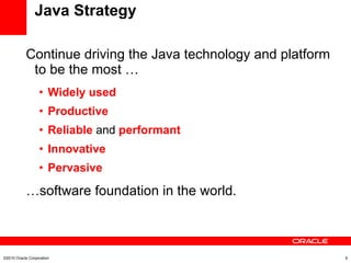 Java Strategy Continue driving the Java technology and platform to be the most … Widely used Productive Reliable  and  performant Innovative Pervasive … software foundation in the world. ©2010 Oracle Corporation 