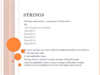 STRINGS
Strings represents a sequence of charcters
Ex:
char Name[]= new char[5];
Name[0]=‘r’
Name[1]=‘a’
Name[2]=‘j’
Name[3]=‘a’
Name[4]=‘h’
In java strings are class objects implemented by two classes
1. String class and
2. StringBuffer class
String class is used to create strings of fixed length
And StringBuffer class creates strings of flexible length
which can be modified in terms of length and content
 