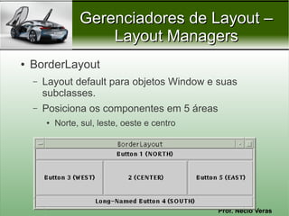 Gerenciadores de Layout –
                      Layout Managers
●   BorderLayout
    –   Layout default para objetos Window e suas
        subclasses.
    –   Posiciona os componentes em 5 áreas
        ●   Norte, sul, leste, oeste e centro




                                                Prof. Nécio Veras
 