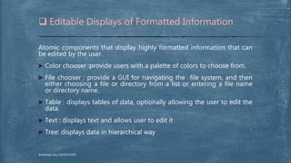 Atomic components that display highly formatted information that can
be edited by the user.
 Color chooser :provide users with a palette of colors to choose from.
 File chooser : provide a GUI for navigating the file system, and then
either choosing a file or directory from a list or entering a file name
or directory name.
 Table : displays tables of data, optionally allowing the user to edit the
data.
 Text : displays text and allows user to edit it
 Tree: displays data in hierarchical way
 Editable Displays of Formatted Information
Arkadeep Dey,CSE2015/030
 