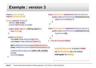 Page 37 Programmation événementielle et interfaces graphiques - Eric Lecolinet – Telecom ParisTech
Exemple : version 3
imp...