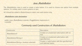The JRadioButton class is used to create a radio button. It is used to choose one option from multiple
options. It is widely used in exam systems or quiz.
 It should be added in ButtonGroup to select one radio button only.
Java JRadioButton
JRadioButton class declaration:
public class JRadioButton extends JToggleButton implements A
ccessible
Commonly used Constructors of JRadioButton:
Constructor Description
JRadioButton()
Creates an unselected radio button with no
text.
JRadioButton(String s)
Creates an unselected radio button with
specified text.
JRadioButton(String s, boolean selected)
Creates a radio button with the specified text
and selected status.
 