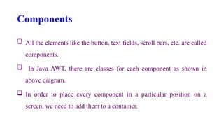 Components
 All the elements like the button, text fields, scroll bars, etc. are called
components.
 In Java AWT, there are classes for each component as shown in
above diagram.
 In order to place every component in a particular position on a
screen, we need to add them to a container.
 