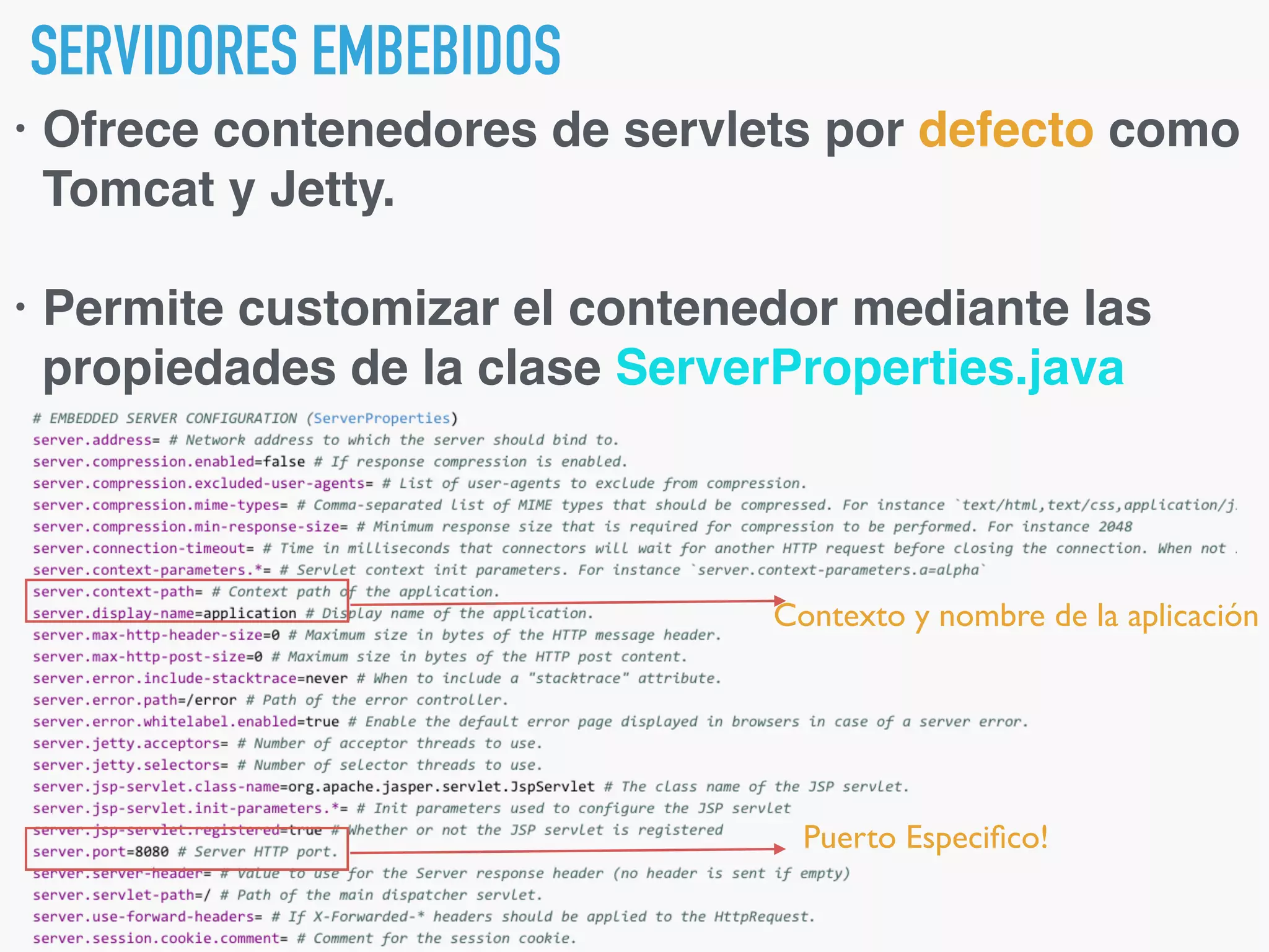 SERVIDORES EMBEBIDOS
• Ofrece contenedores de servlets por defecto como
Tomcat y Jetty.
• Permite customizar el contenedor mediante las
propiedades de la clase ServerProperties.java
Puerto Especiﬁco!
Contexto y nombre de la aplicación
 