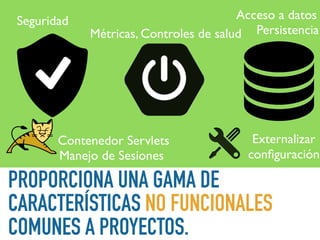 PROPORCIONA UNA GAMA DE
CARACTERÍSTICAS NO FUNCIONALES
COMUNES A PROYECTOS.
Contenedor Servlets
Seguridad Acceso a datos
PersistenciaMétricas, Controles de salud
Manejo de Sesiones
Externalizar
conﬁguración
 