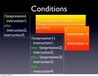 Conditions
if(expression)
instruction1;
else
instruction2;
instruction3;

mercredi 23 octobre 13

•Chaque expression est booléenne
•Chaque instruction peut être remplacée
par un bloc :

{

if(expression1)
instruction1;
else if(expression2) }
instruction2;
else if(expression3)
instruction3;
else
instruction4;

instruction 1;
...
instruction n;

 