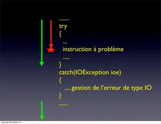 .......
try
{
...
instruction à problème
.....
}
catch(IOException ioe)
{
.... gestion de l’erreur de type IO
}
......
mercredi 23 octobre 13

 