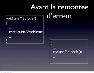 Avant la remontée
d’erreur
void uneMethode()
{
....
instructionAProbleme
...
}

{
....
inst.uneMethode();
...
}

mercredi 23 octobre 13

 