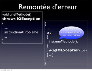 Remontée d’erreur
void uneMethode()
throws IOException
{
....
instructionAProbleme
...
}

{
....
Cet appel
est devenu section
try
de code critique
{
inst.uneMethode();
}
catch(IOException ioe)
{ ... }
...
}

mercredi 23 octobre 13

 