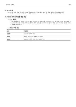 프로젝트 기획서 2/2
4. 개발 순서
코드 완성, 서버 구축, 디자인 순으로 진행하면서 수시로 버그 체크 및, 자체 평가를 진행하겠습니다.
5. 개발 일정표 및 팀원별 역할 분담
5.1. 개발 일정표
매주 금요일에 정규 회의 및 코딩, 서버 제작, 팀원 간의 개인 책임 과제를 토의합니다. 11/27 (화) 수업 시간에는 제안서 발표 및
제출, 12/4 (화) 수업 시간에는 자체 중간 평가 및 회의, 12/7 (금) 최종 자체 평가 및 발표 연습, 12/11 (화) 최종 발표 및 강평으
로 일정을 진행하겠습니다.
5.2. 팀원별 역할 분담
팀원 역할 분담
김민태 Java 코딩 및 서버 제작
손정호 발표 및 정리, 디자인, 유튜브 영상 업로드
김수현 자료 조사, 디자인, 코딩, 계획서, 보고서 제작
 