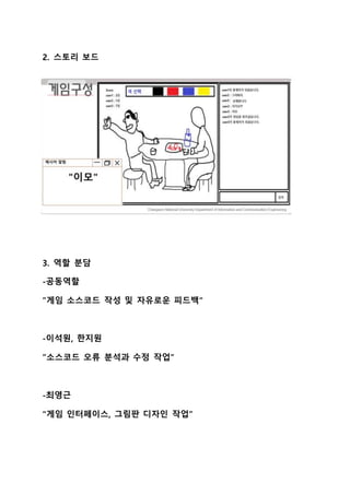 2. 스토리 보드
3. 역할 분담
-공동역할
”게임 소스코드 작성 및 자유로운 피드백“
-이석원, 한지원
”소스코드 오류 분석과 수정 작업”
-최영근
“게임 인터페이스, 그림판 디자인 작업”
 
