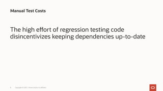 Manual Test Costs
Copyright © 2021, Oracle and/or its affiliates
8
The high effort of regression testing code
disincentivizes keeping dependencies up-to-date
 