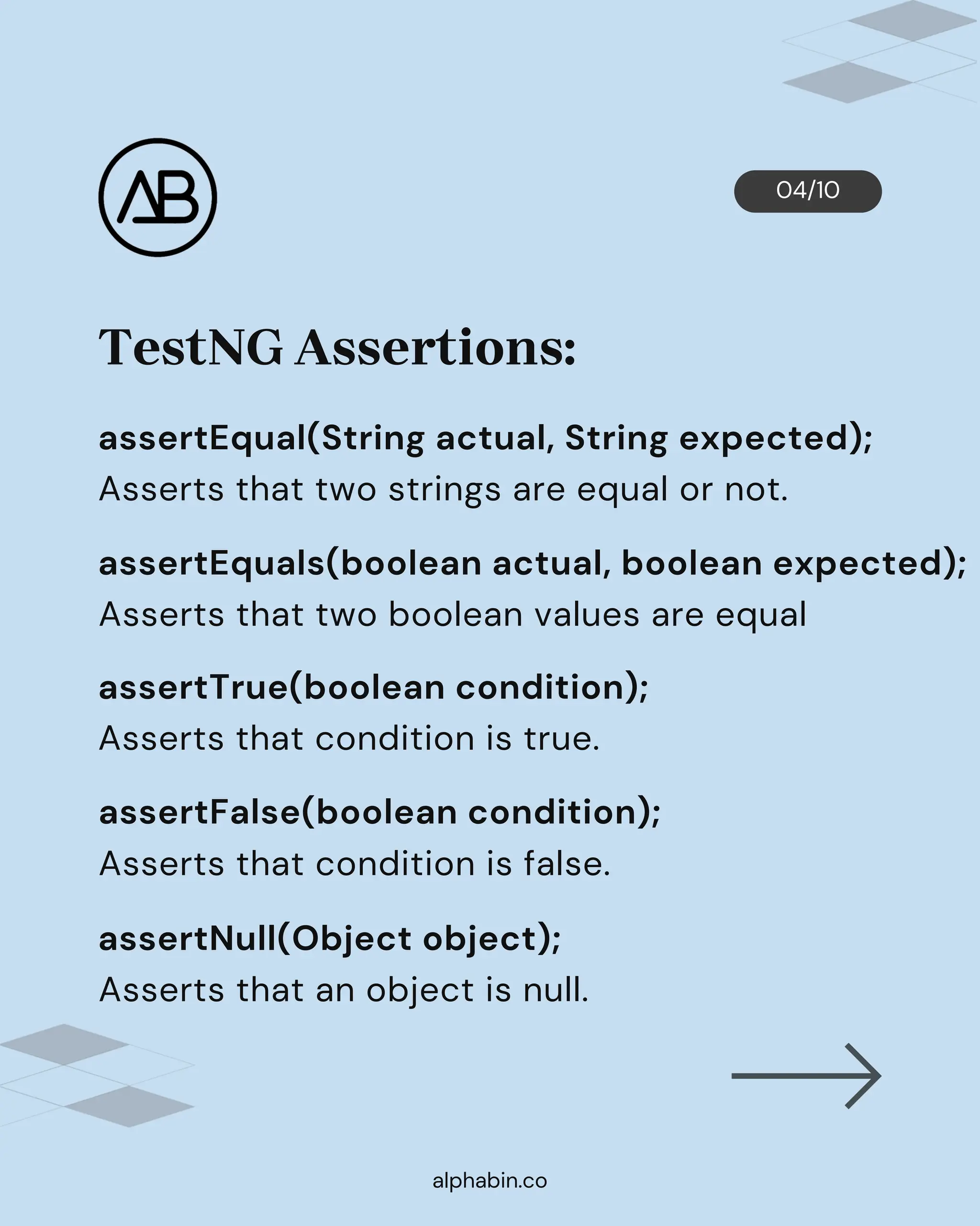 04/10
alphabin.co
TestNG Assertions:
assertEqual(String actual, String expected);
Asserts that two strings are equal or not.
assertEquals(boolean actual, boolean expected);
Asserts that two boolean values are equal
assertTrue(boolean condition);
Asserts that condition is true.
Asserts that condition is false.
assertNull(Object object);
Asserts that an object is null.
assertFalse(boolean condition);
 